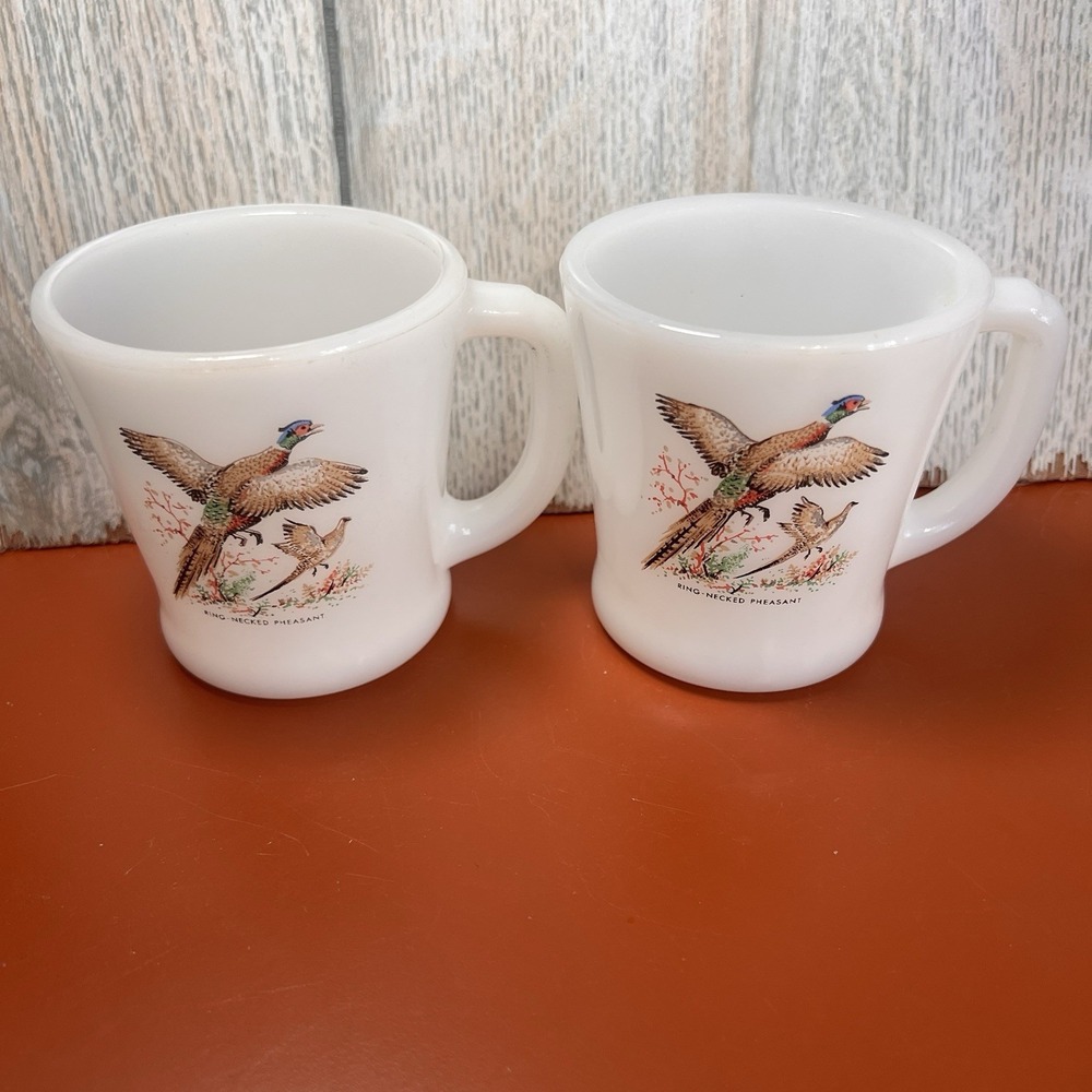 Set Of 2 Fire King Milk Glass Ringed Neck  Pheasant Coffee Cups Mugs Vintage MCM